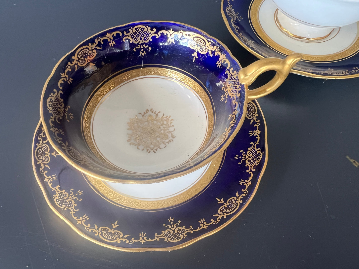 Aynsley Blue and gilt x 2 cups and soarers