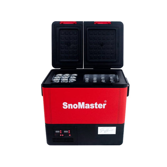 SnoMaster - 55L Plastic Dual Compartment Portable Fridge/Freezer AC/DC - Red Leather Cladding